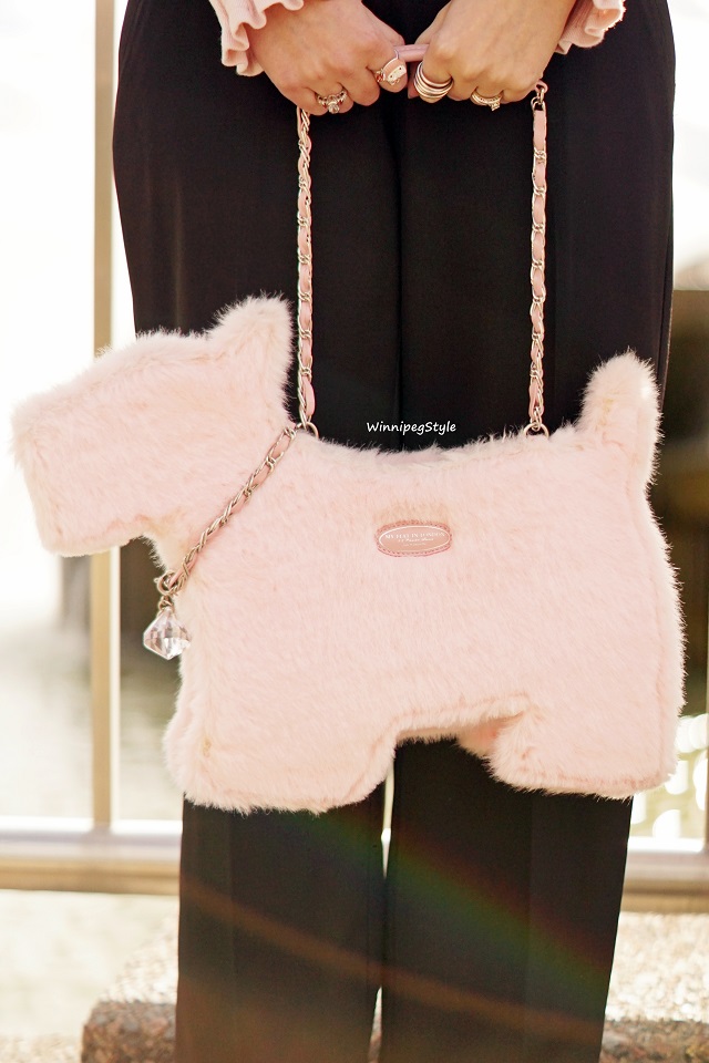 Winnipeg Style, Canadian fashion consultant stylist, Parisian style chic, My Flat in London Brighton pink faux fur scottie dog handbag, black pink combination, everyday chic 